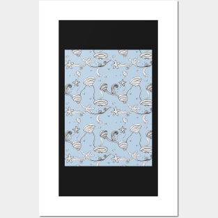 Whimsical Sea Shell Pattern in Black and White Posters and Art